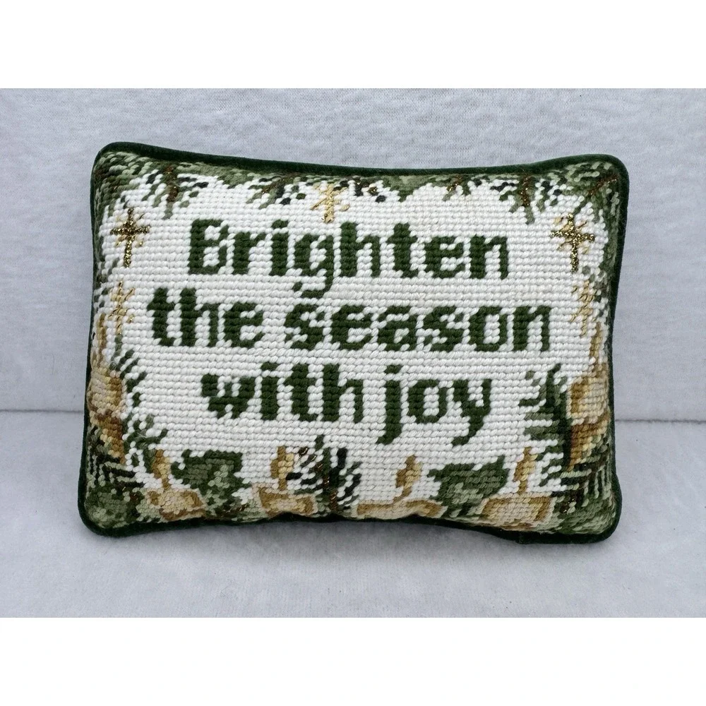 Vintage Needlepoint Pillow Brighten The Season Christmas Decor
